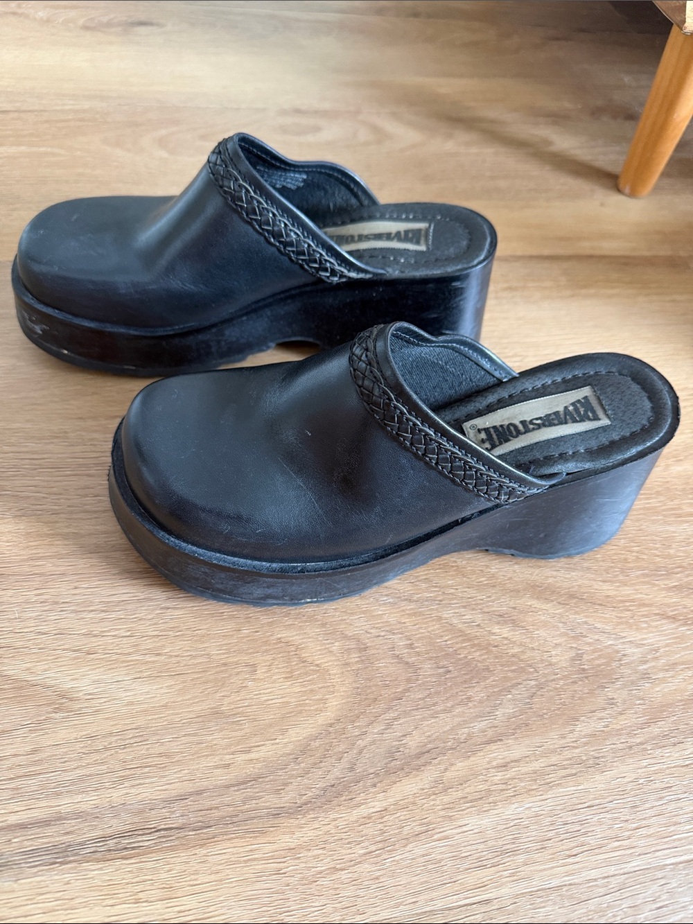 Vintage Black Leather Platform Clog Mules